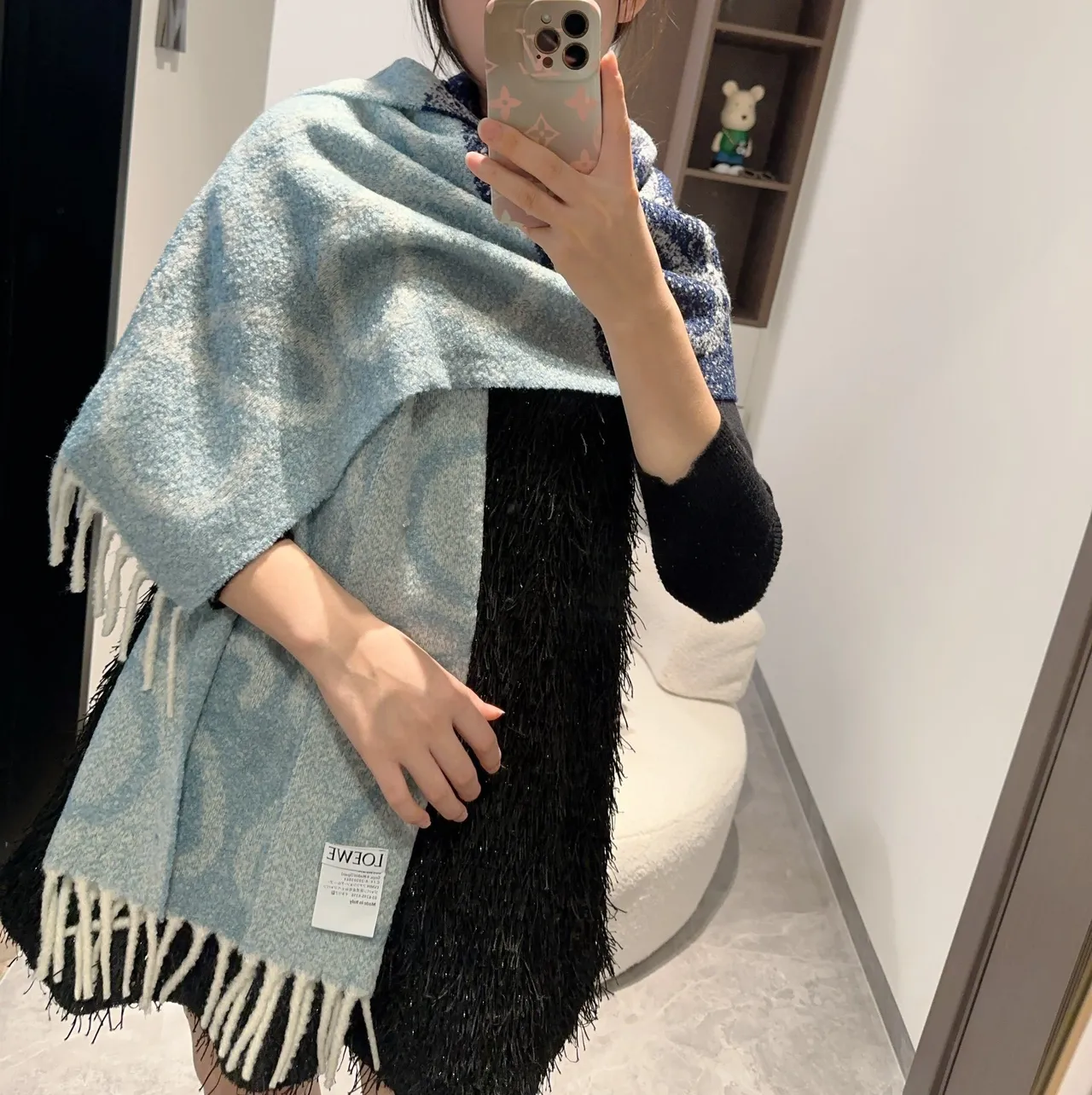 Loewe Anagram Patch Heathered Blue Gray Cashmere Scarf 3