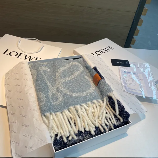 Loewe Anagram Patch Heathered Blue Gray Cashmere Scarf 5