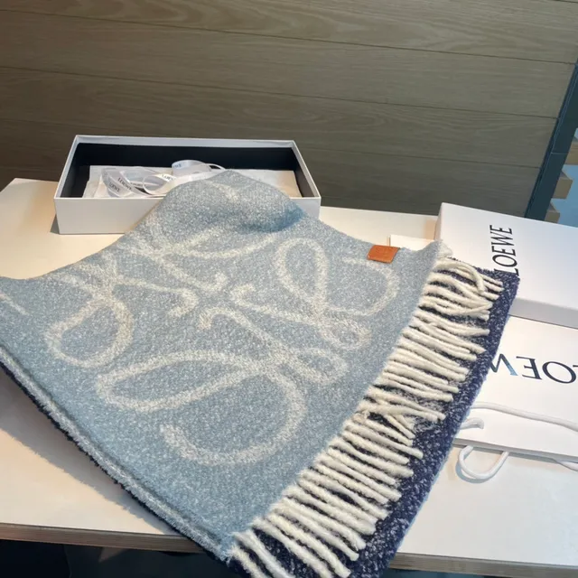 Loewe Anagram Patch Heathered Blue Gray Cashmere Scarf 7