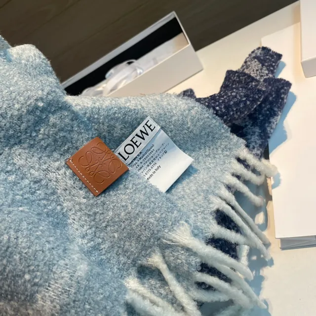 Loewe Anagram Patch Heathered Blue Gray Cashmere Scarf 8