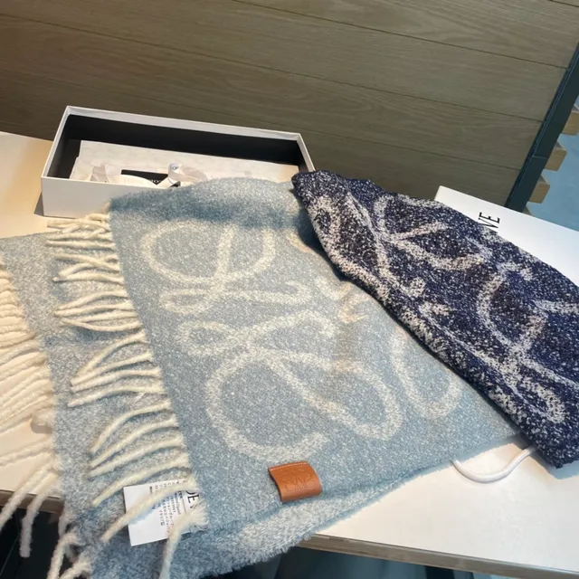 Loewe Anagram Patch Heathered Blue Gray Cashmere Scarf 9