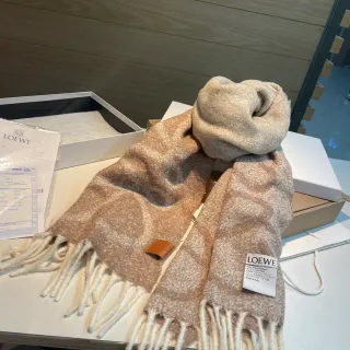 Loewe Beige Woven Jacquard Pattern Fringed Ends Cashmere Scarf