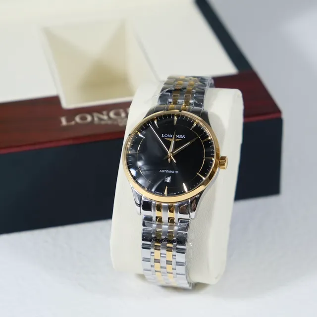 Longines Automatique Bi-Tons Acier Inoxydable et Doré Cadran Noir Montre Mécanique 6