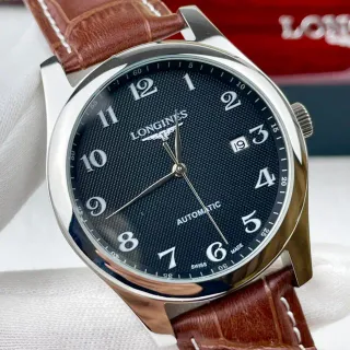 Longines Black Brown Round Stainless Steel Case Guilloché Dial Mechanical Watch