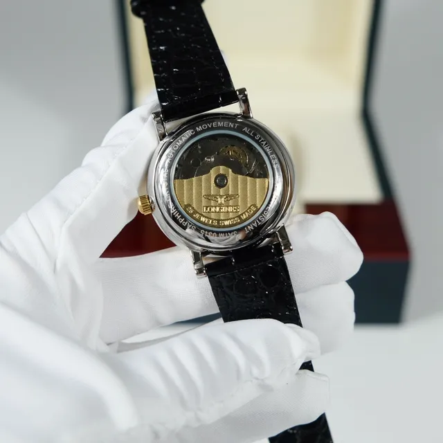 Longines caixa de ouro preto marcadores de hora de diamantes relógio mecânico 6