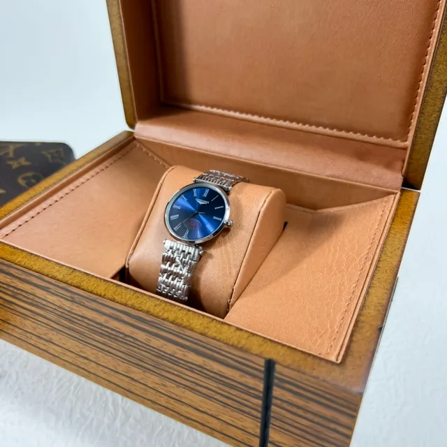 Longines Blue Silver Round Case Sunburst Dial Quartz Watch 3