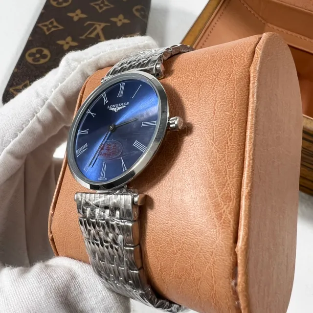 Longines Blue Silver Round Case Sunburst Dial Quartz Watch 5