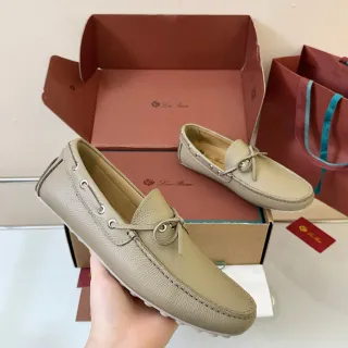 Loro Piana Beige Pebbled Leather Knotted Strap Boat Shoes