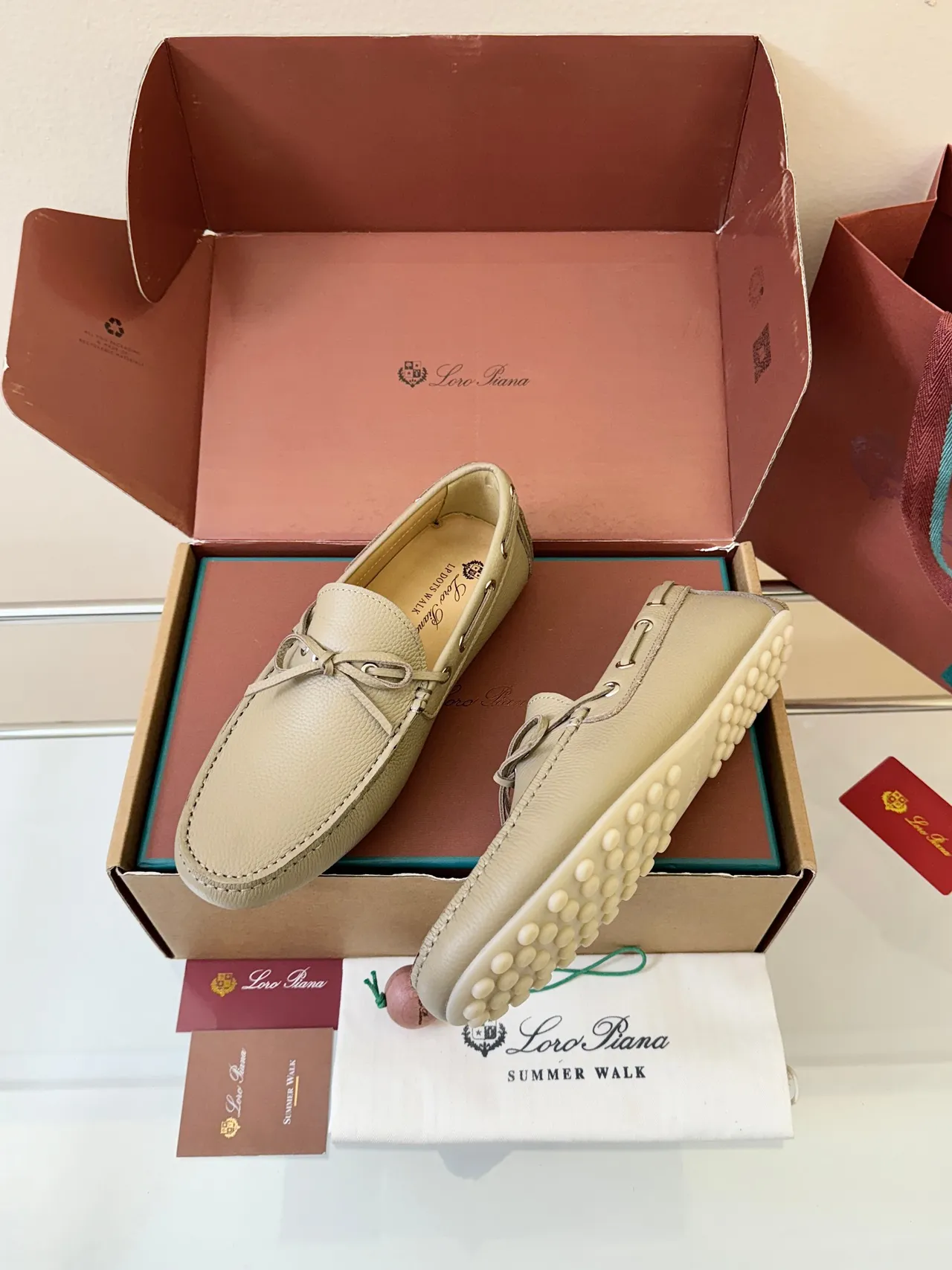 Loro Piana Beige Pebbled Leather Knotted Strap Boat Shoes 2