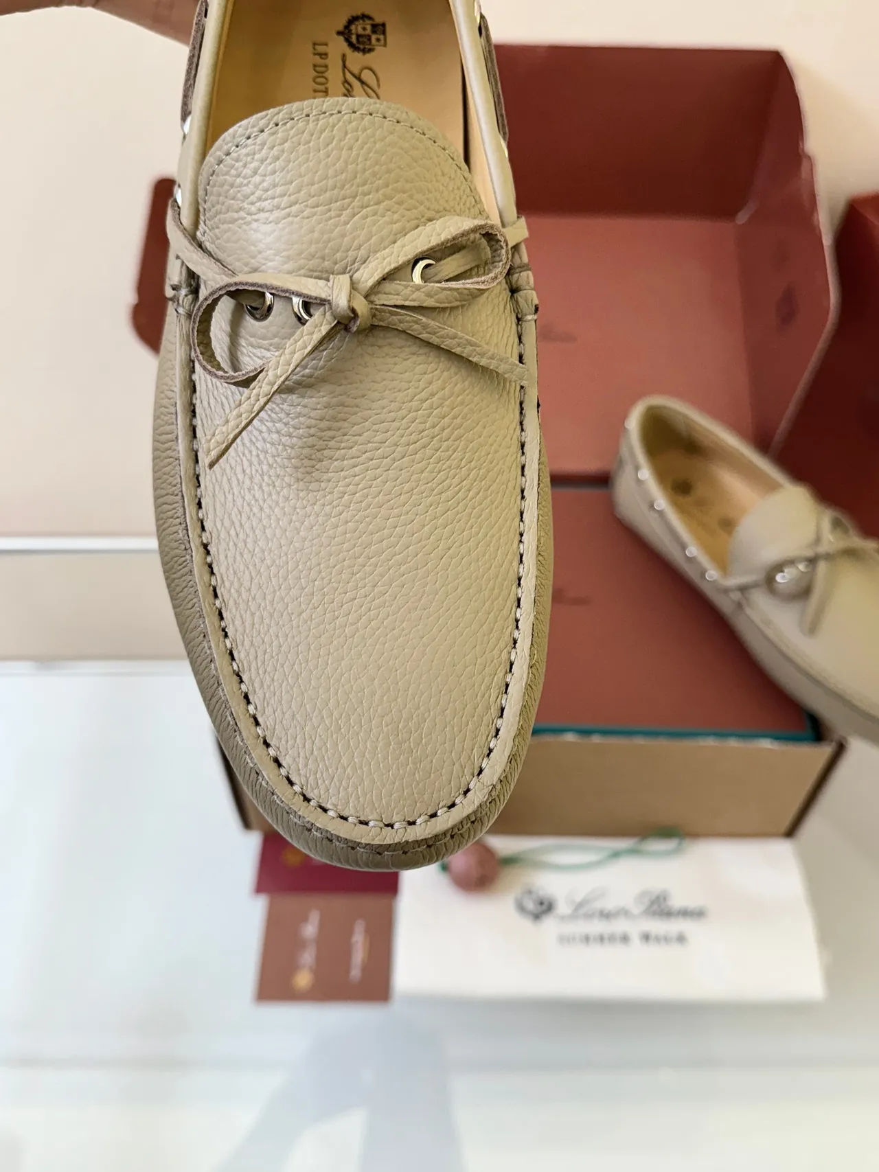 Loro Piana Beige Pebbled Leather Knotted Strap Boat Shoes 3