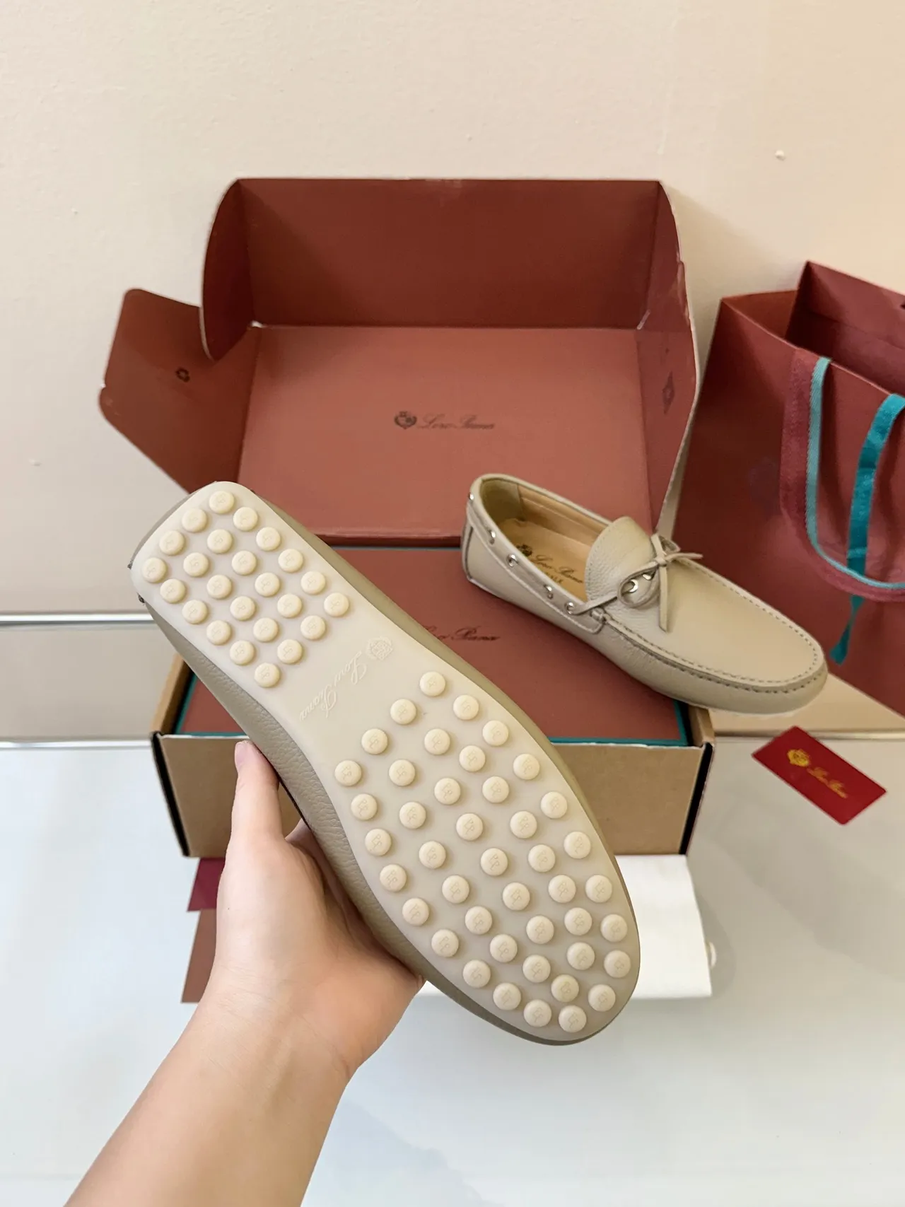 Loro Piana Beige Pebbled Leather Knotted Strap Boat Shoes 5
