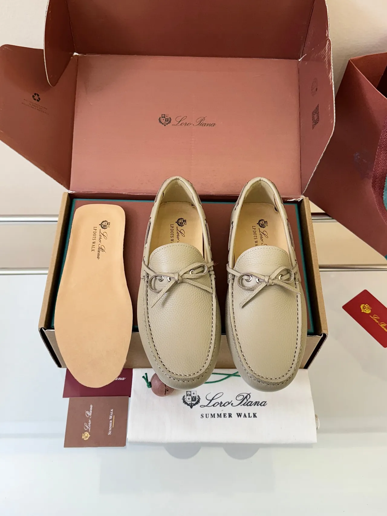 Loro Piana Beige Pebbled Leather Knotted Strap Boat Shoes 6
