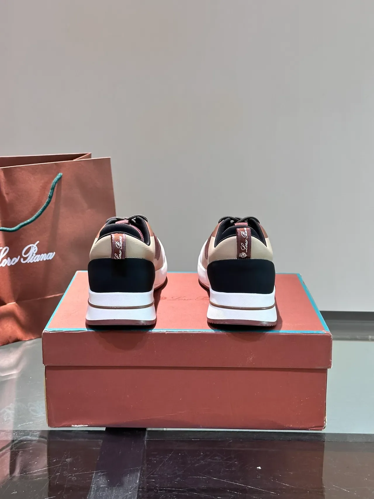 Loro Piana Burgundy Beige Layered Multi-Material Upper Sculpted White Midsole Sneakers 2