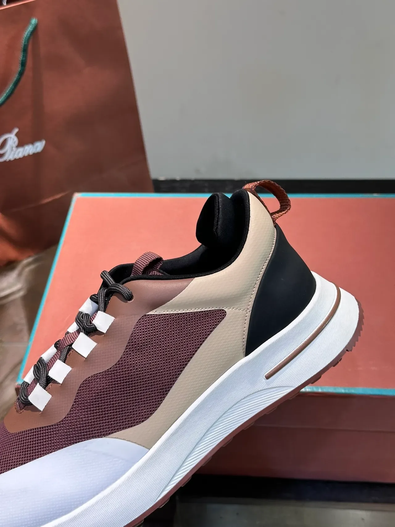 Loro Piana Burgundy Beige Layered Multi-Material Upper Sculpted White Midsole Sneakers 3