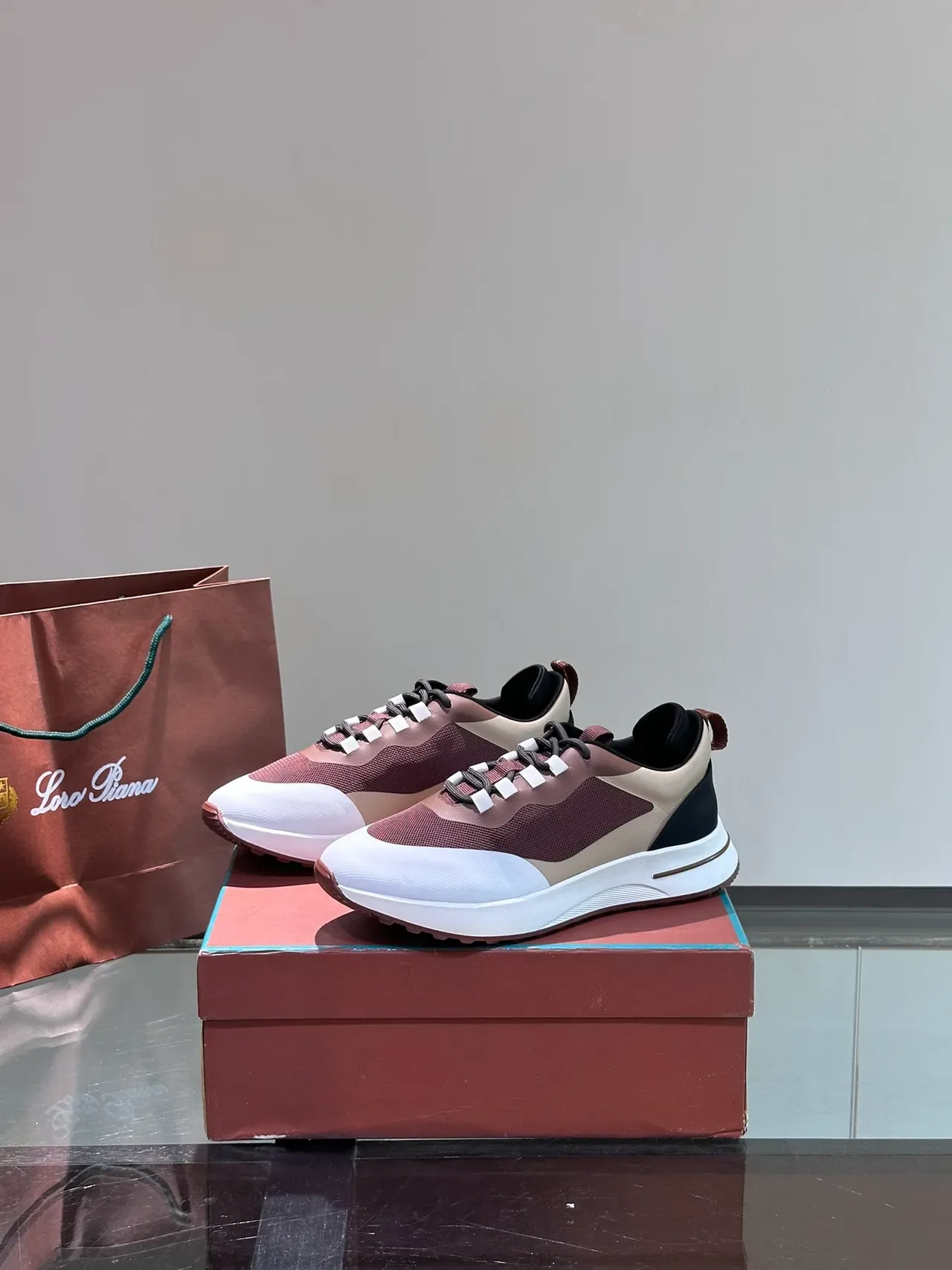Loro Piana Burgundy Beige Layered Multi-Material Upper Sculpted White Midsole Sneakers 4