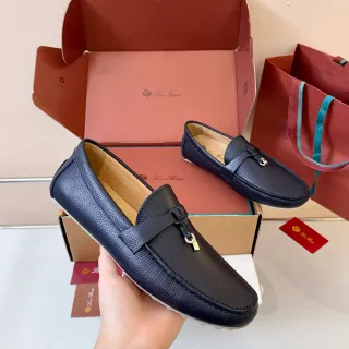 Loro Piana Loafer Black White Pebbled Leather Knotted Strap Loafer