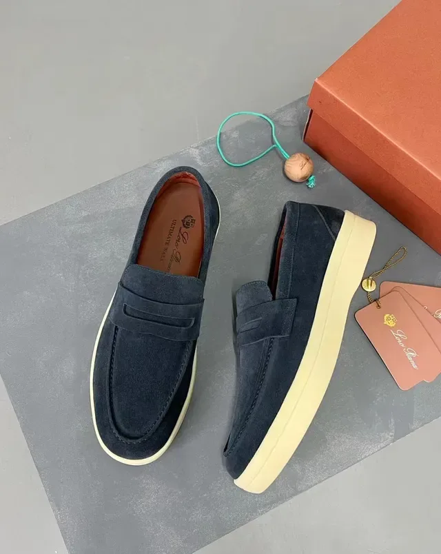 Loro Piana Navy Beige Suede Upper Penny Strap Loafer 5
