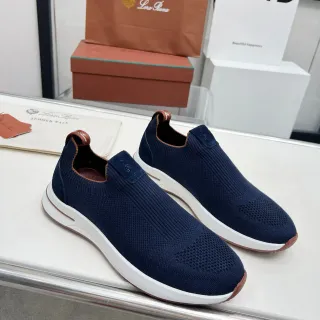 Loro Piana Navy Brown Knit Slip-On Perforated Toe Lifestyle Sneakers