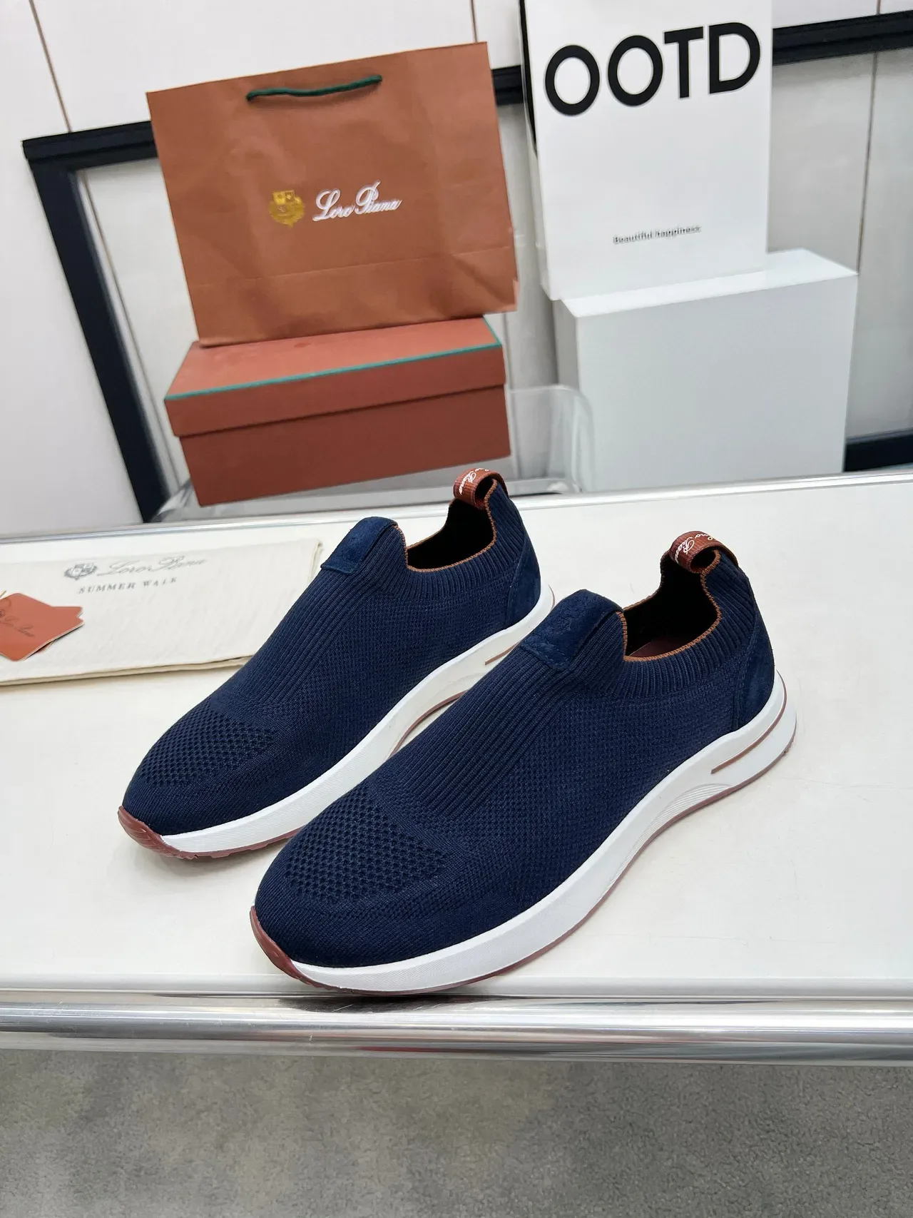 Loro Piana بحري بني منسوج سيليب أون أصابع ثقوب حذاء أسلوب حياة 4