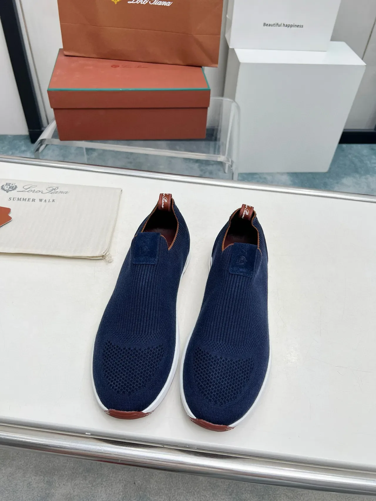 Loro Piana بحري بني منسوج سيليب أون أصابع ثقوب حذاء أسلوب حياة 5