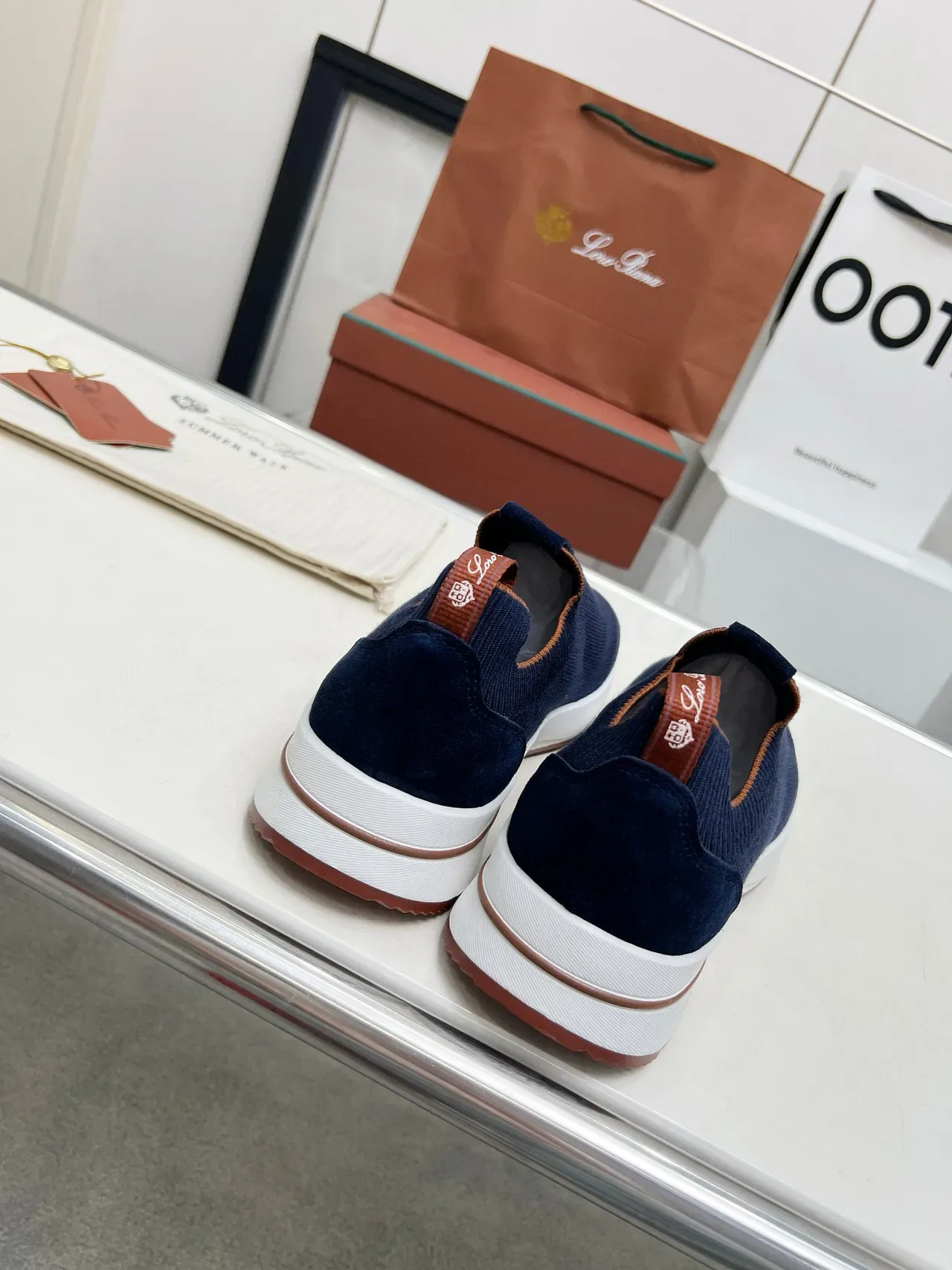 Loro Piana بحري بني منسوج سيليب أون أصابع ثقوب حذاء أسلوب حياة 7
