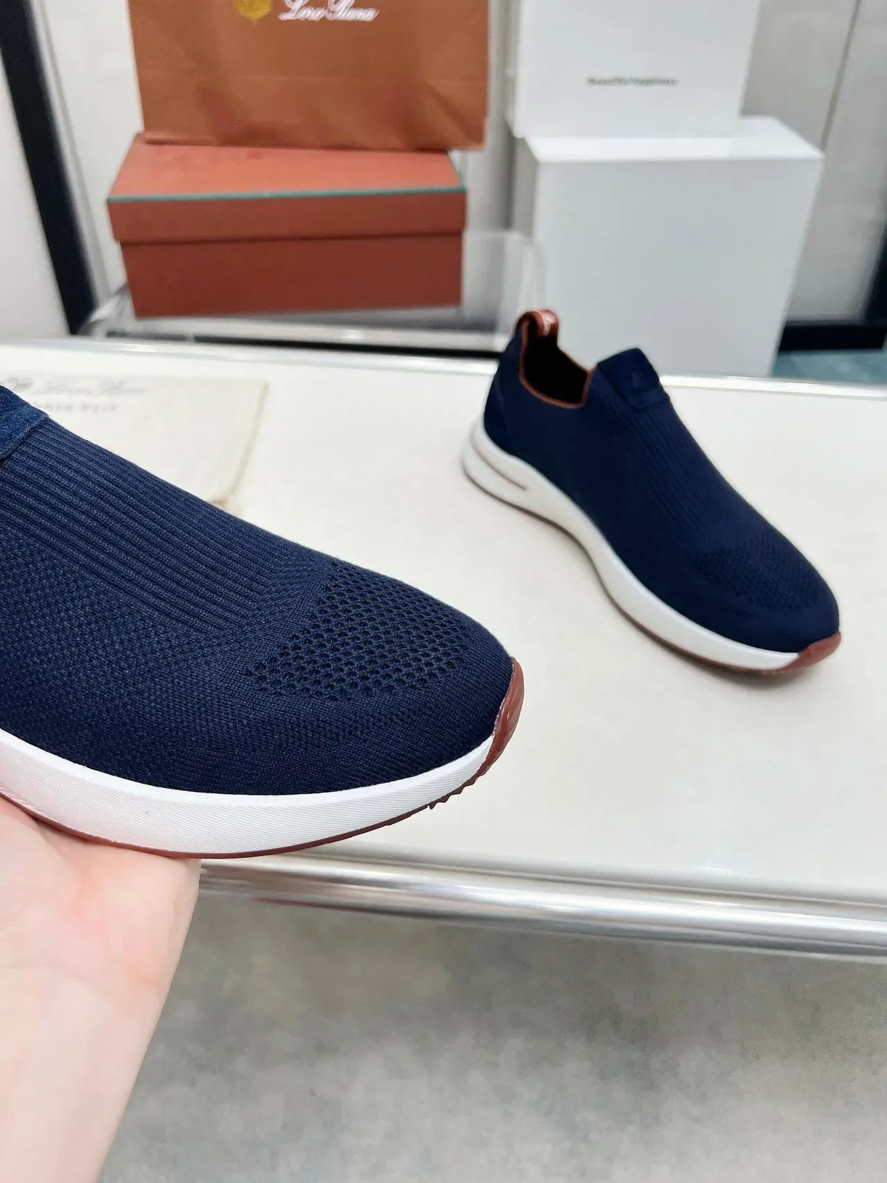 Loro Piana بحري بني منسوج سيليب أون أصابع ثقوب حذاء أسلوب حياة 8