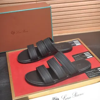 Loro Piana Triple-Strap Black Molded Slide Slippers