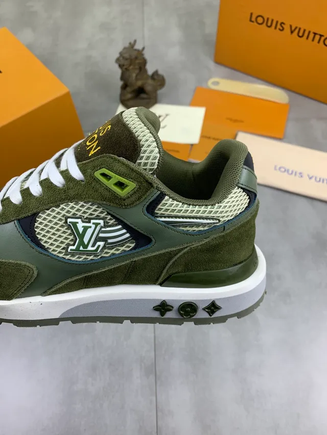 Louis Vuitton Army Green White Olive Suede And Mesh Prominent LV Monogram Side Panel Lifestyle Sneakers 4
