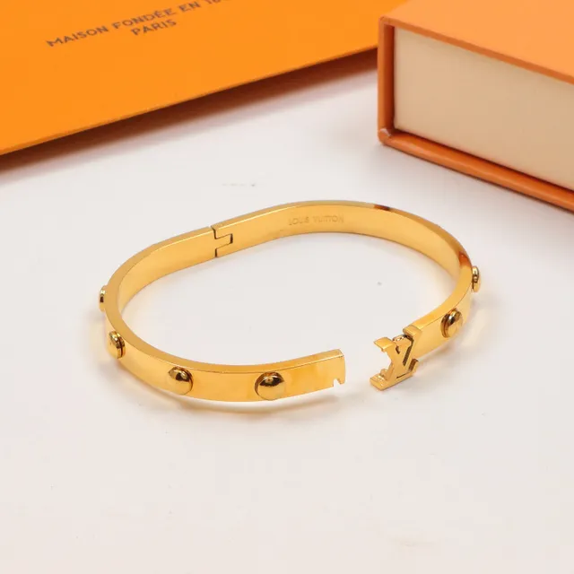 Louis Vuitton Bangles Silver Gold Hinged Bangle Monogram Clasp Bracelet 2