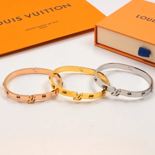 Louis Vuitton Bangles Silver Gold Hinged Bangle Monogram Clasp Bracelet 5