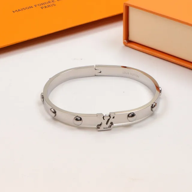 Louis Vuitton Bangles Silver Gold Hinged Bangle Monogram Clasp Bracelet 7