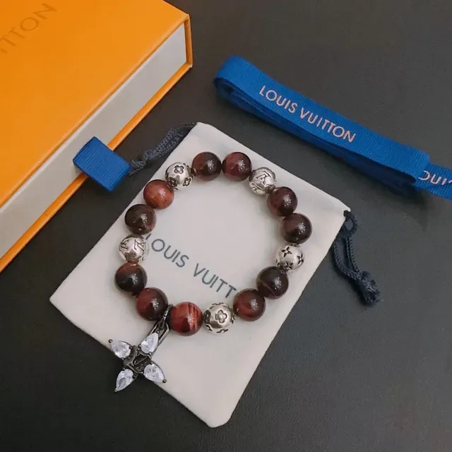 Louis Vuitton Beaded Tiger's Eye and Monogram Metal Bracelet 3