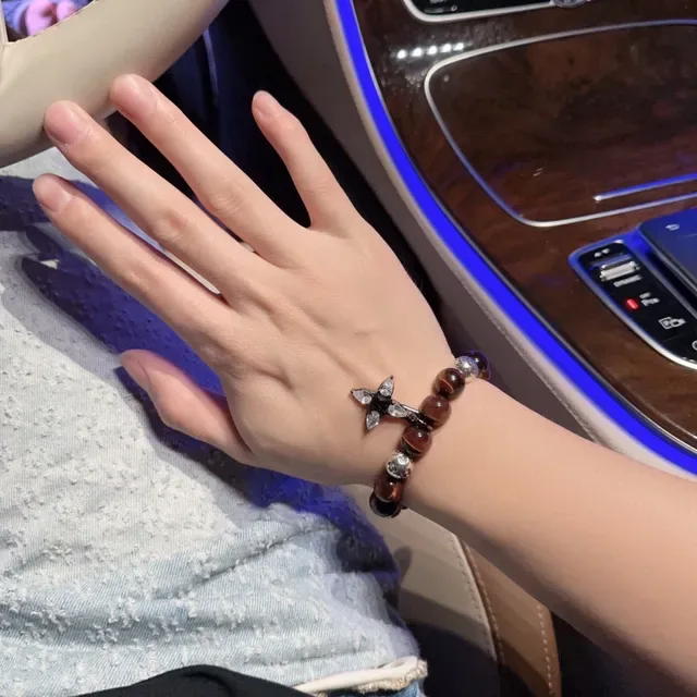 Louis Vuitton Beaded Tiger's Eye and Monogram Metal Bracelet 7
