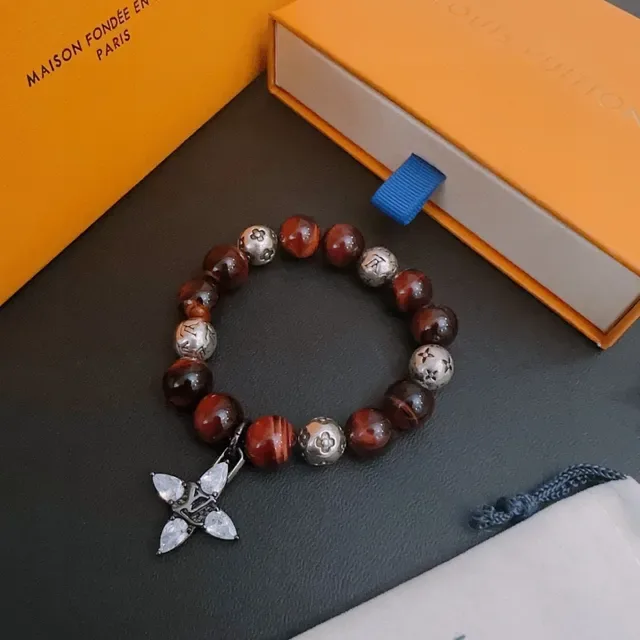 Louis Vuitton Beaded Tiger's Eye and Monogram Metal Bracelet 9