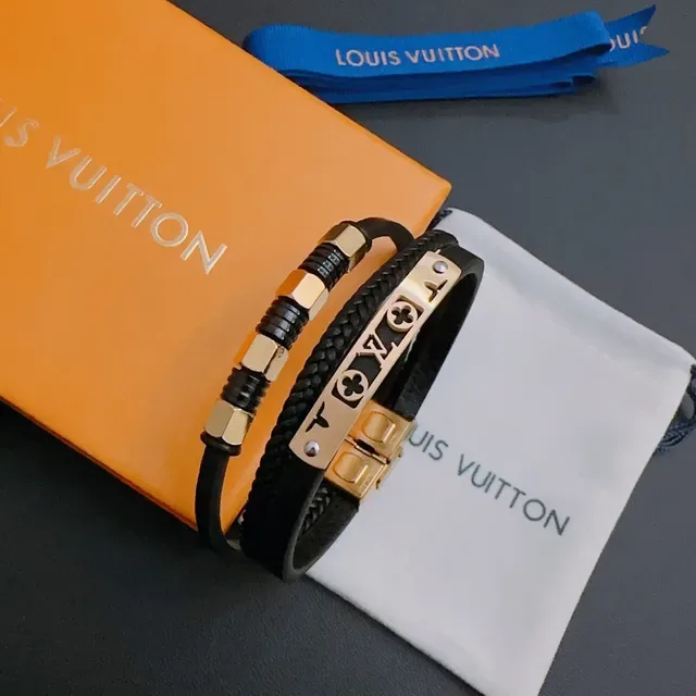 Louis Vuitton Black Gold Braided Leather Hardware Bracelet 3