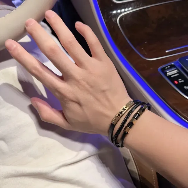 Louis Vuitton Black Gold Braided Leather Hardware Bracelet 4