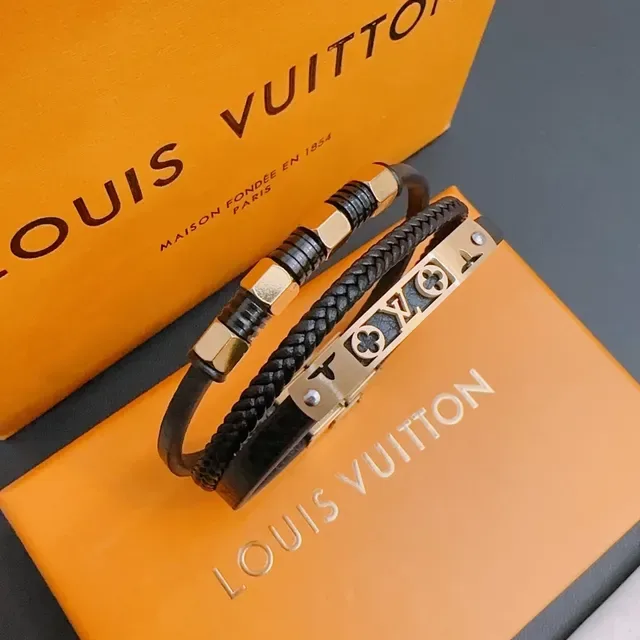 Louis Vuitton Black Gold Braided Leather Hardware Bracelet 5