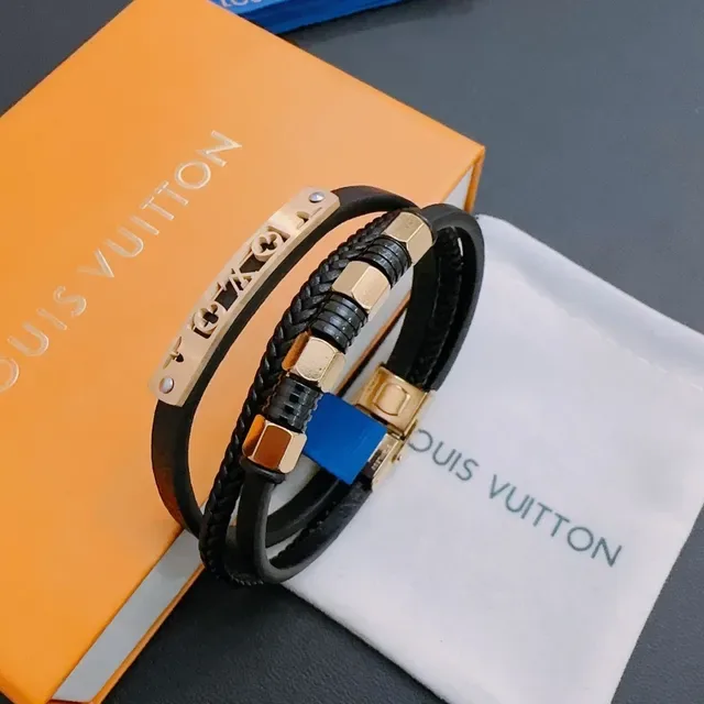 Louis Vuitton Black Gold Braided Leather Hardware Bracelet 6