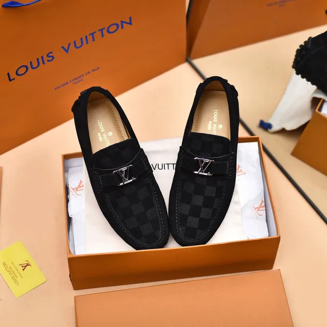 Louis Vuitton Noir Gris Damier-Patterned à carreaux Texturé Suede-Like Supérieur Loafer 2