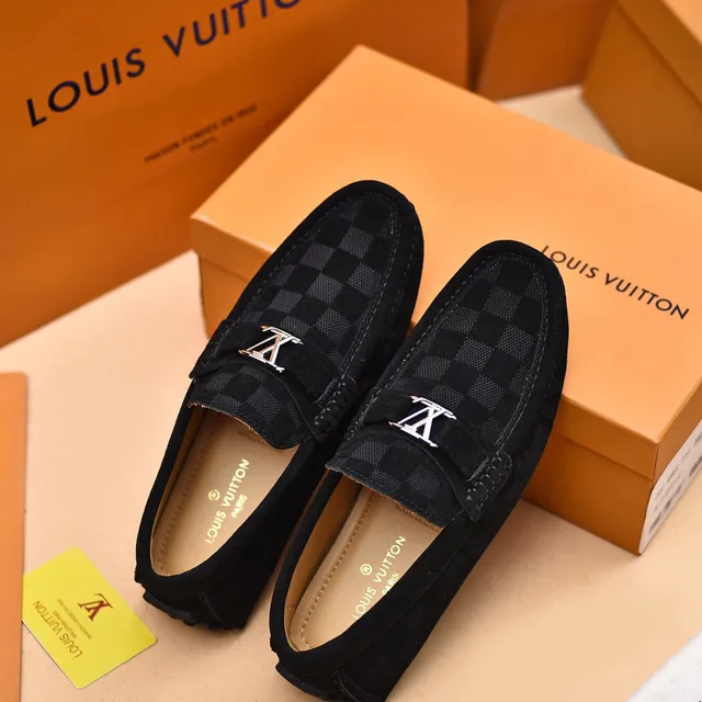 Louis Vuitton Noir Gris Damier-Patterned à carreaux Texturé Suede-Like Supérieur Loafer 4
