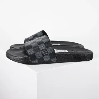 Louis Vuitton काला भूरा डेमियर ग्रेफाइट चेकरबोर्ड पट्टी मोल्डेड रबर सोल स्लिपर्स