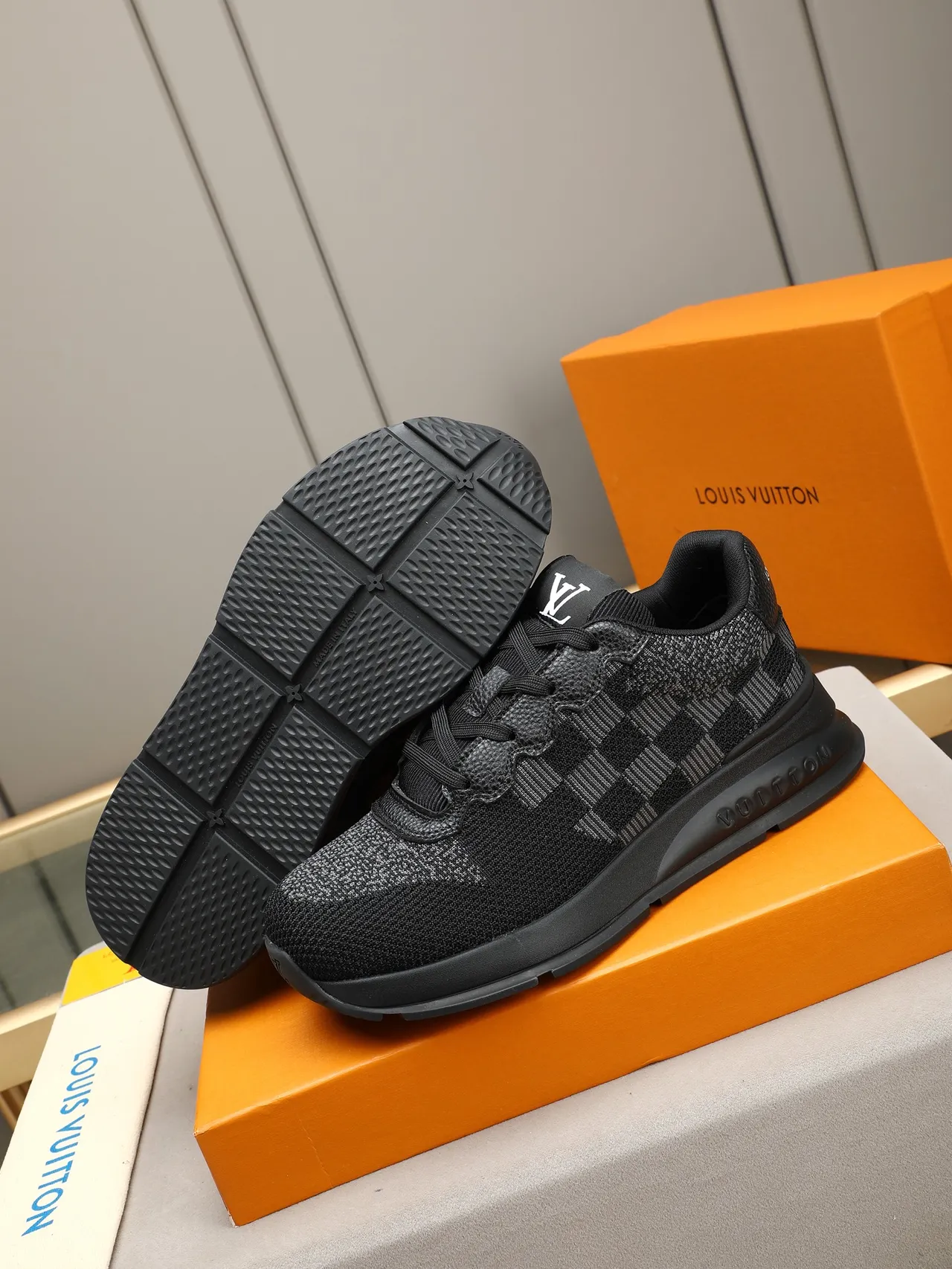 Louis Vuitton Black Gray Knit Checkerboard Upper Sculpted Rubber Sole Lifestyle Sneakers 4
