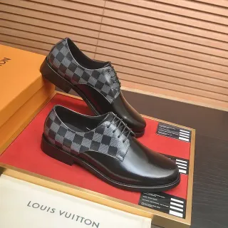 Louis Vuitton Black Gray Polished Leather Damier Check Canvas Panels Oxford Shoes