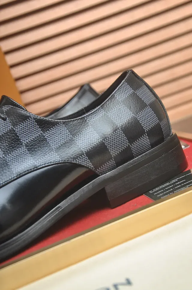 Louis Vuitton Chaussures Oxford Cuir Poli Noir Gris Damier Check Toile Panneaux 2