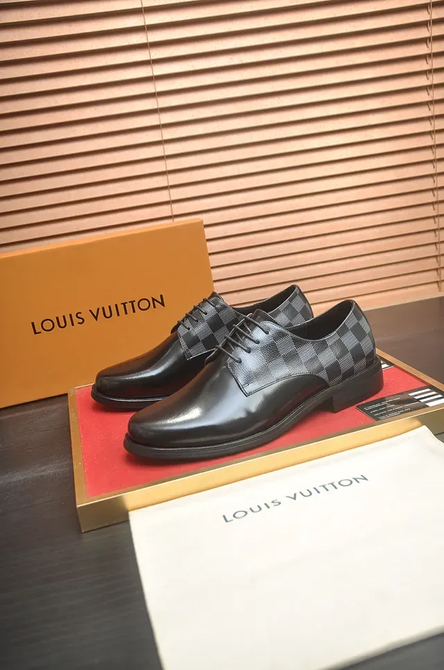 Louis Vuitton Chaussures Oxford Cuir Poli Noir Gris Damier Check Toile Panneaux 4