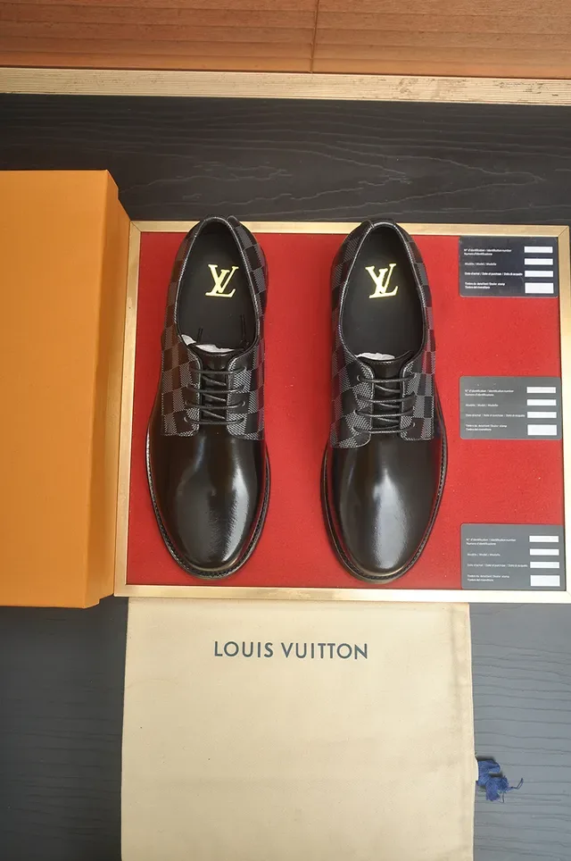 Louis Vuitton Chaussures Oxford Cuir Poli Noir Gris Damier Check Toile Panneaux 5