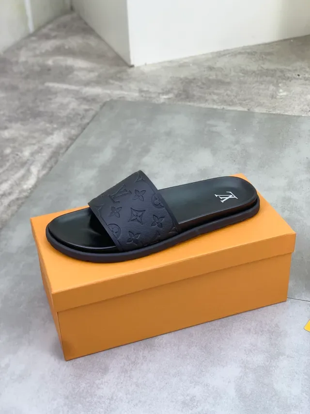 Louis Vuitton Black Monogram-Embossed Strap Flat Sole Slippers 4