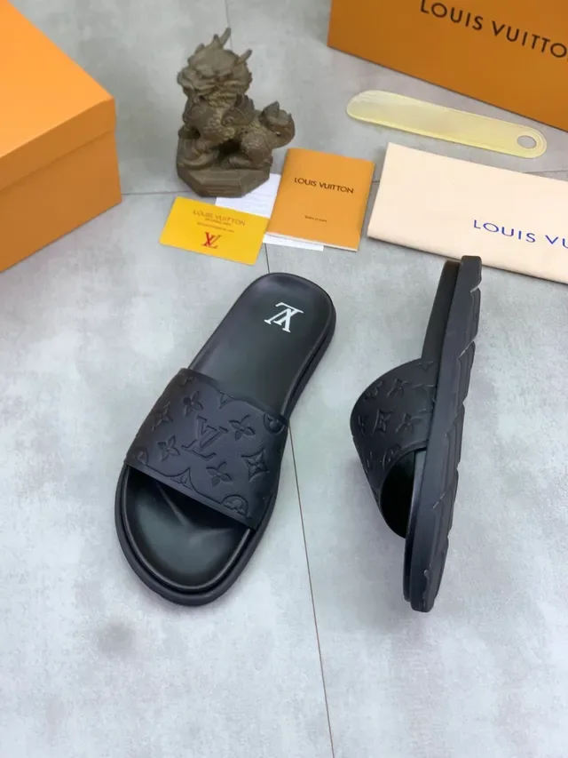 Louis Vuitton Black Monogram-Embossed Strap Flat Sole Slippers 5