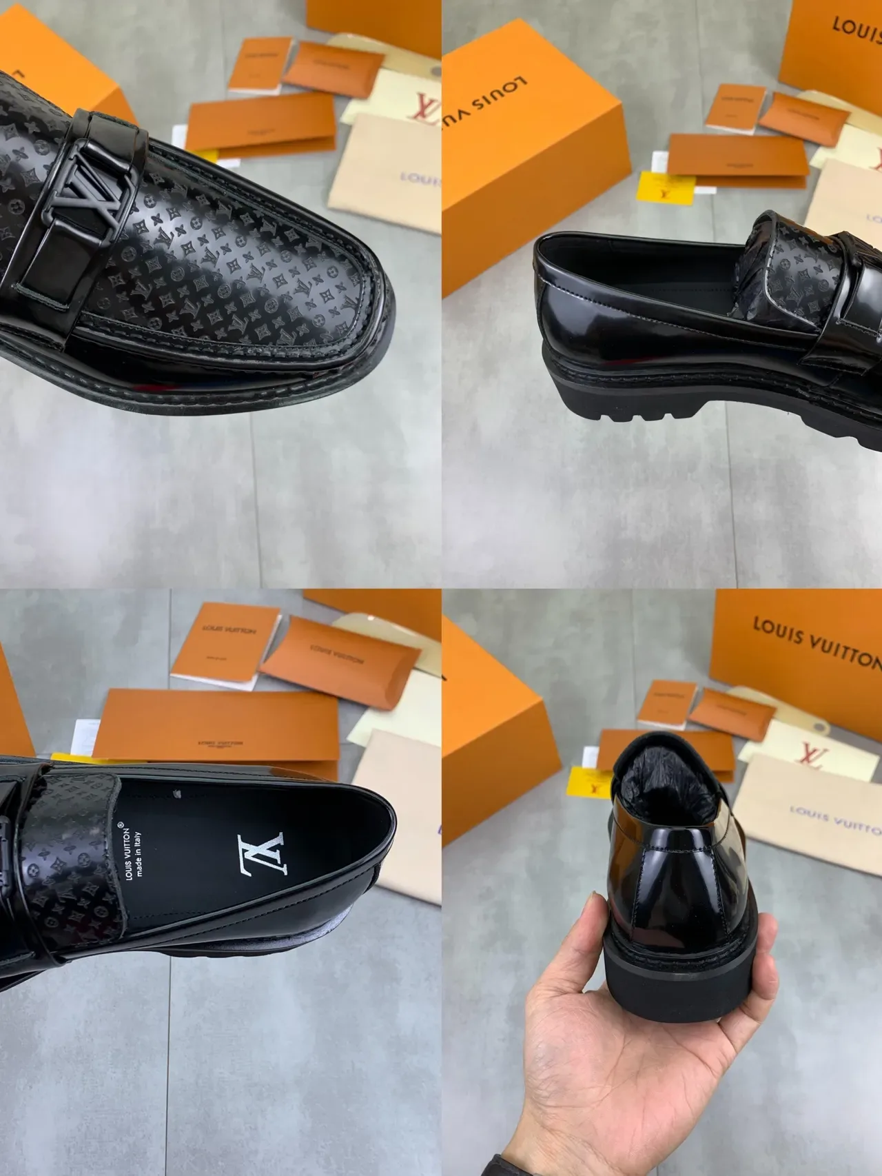 Louis Vuitton Mocassin Noir Cuir Patent Monogrammé Vamp 2