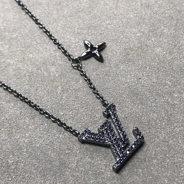 Louis Vuitton Black Pavé-Set Monogram Pendant Four-Petal Flower Charm Necklace 4